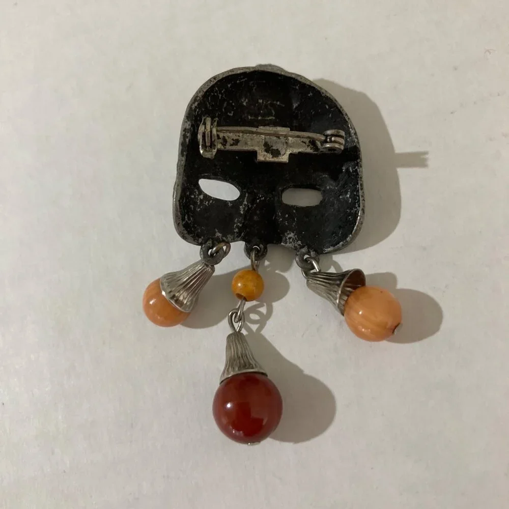 Vintage Tribal Mask Brooch With Orange And Amber Colored Beads